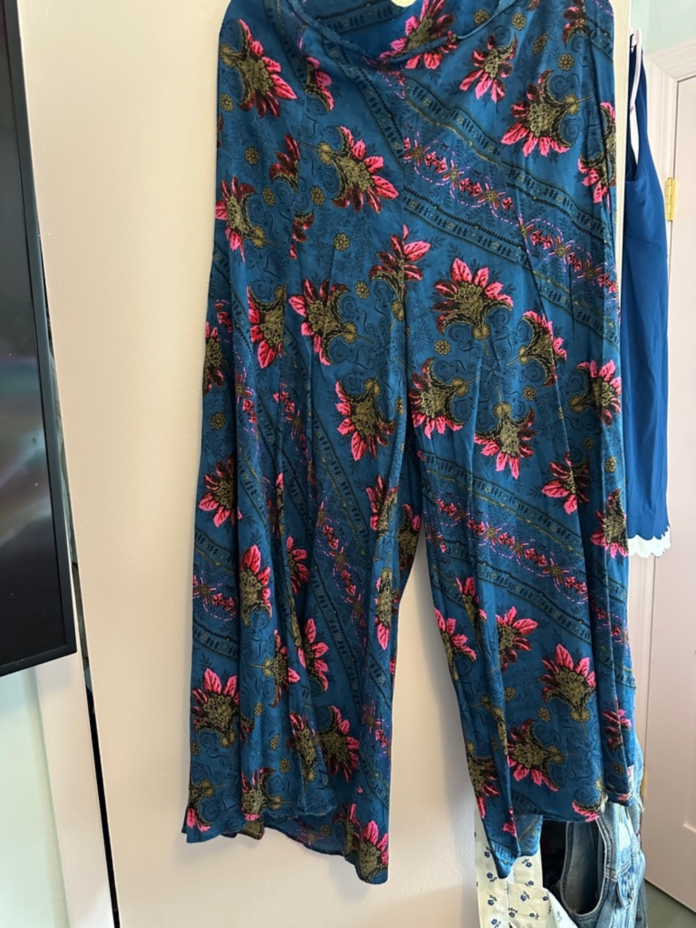Teal Floral Wide-Leg Pants with Pink and Olive Accents